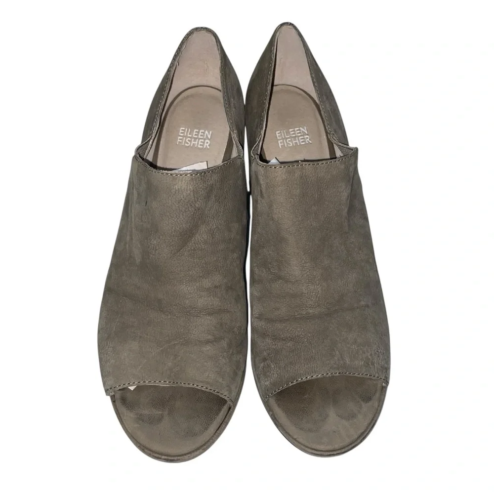 Eileen Fisher Milton Tumbled Nubuck Leather Size 8.5 Peep Toe Heel Graphite